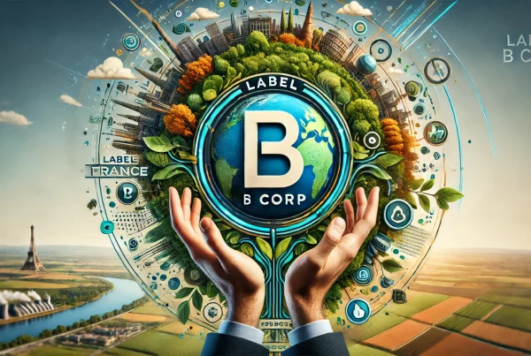 photo de la France, plus particulièrement de la région parisienne avec des symboles illustrant le Label B corp et le management durable