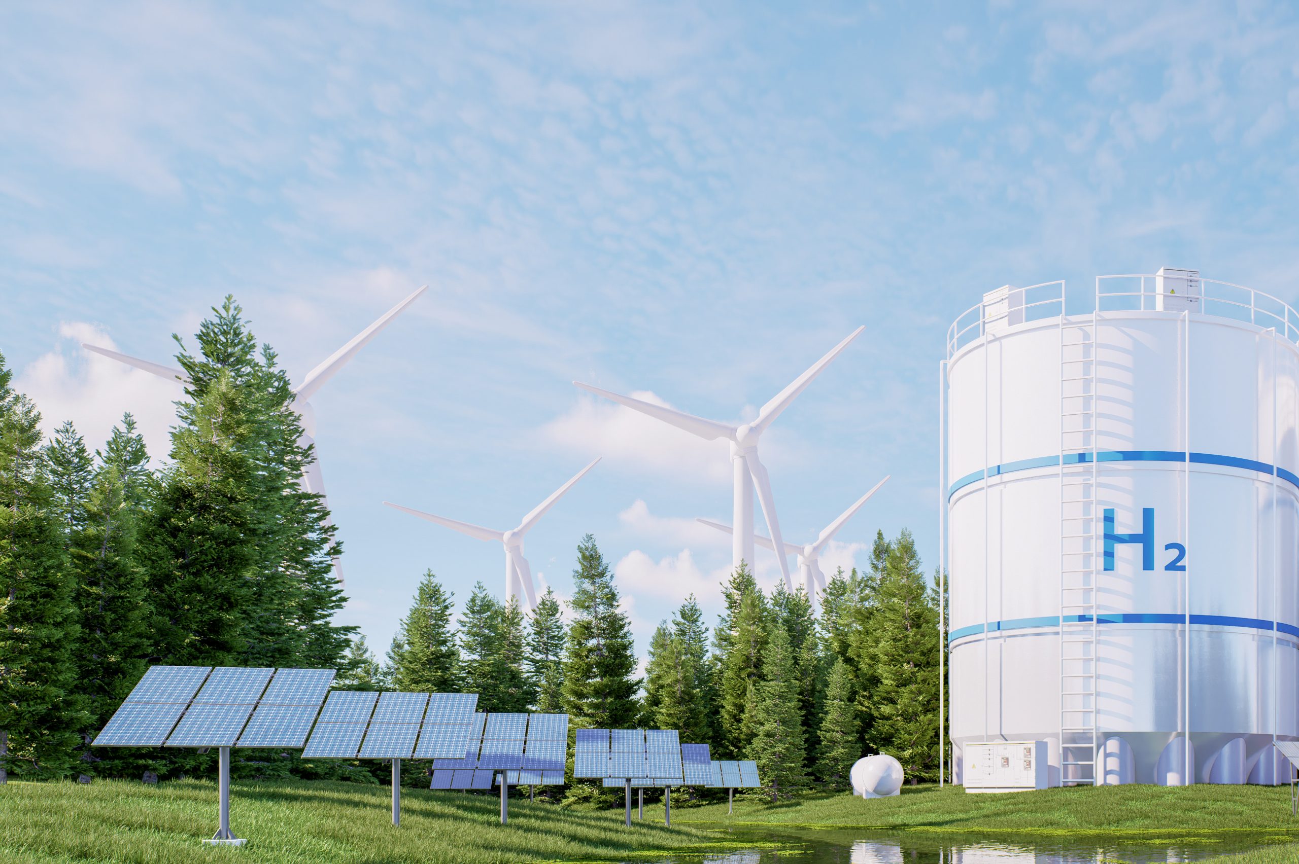 Installation de production et de stockage d’hydrogène vert alimentée par des panneaux solaires et des éoliennes dans un environnement naturel.